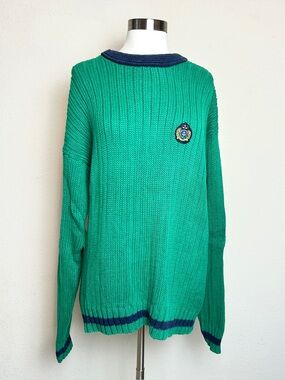 GAP Vintage Green with Navy Crewneck Knit Sweater